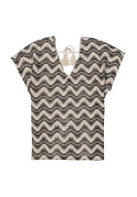 Korte mouw top met een zigzag zwart en crème patroon, V-halslijn en een strik met franjes aan de achterkant. Lichtgewicht, gestructureerde stof.