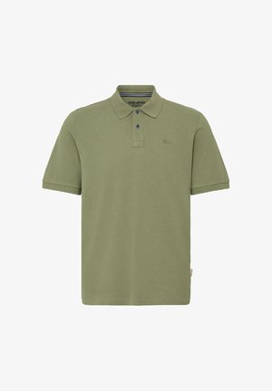 Olívazöld galléros póló texturált anyagból, két kék gombbal és finom "Blend" hímzéssel a mellrészen. Rövid ujjú.