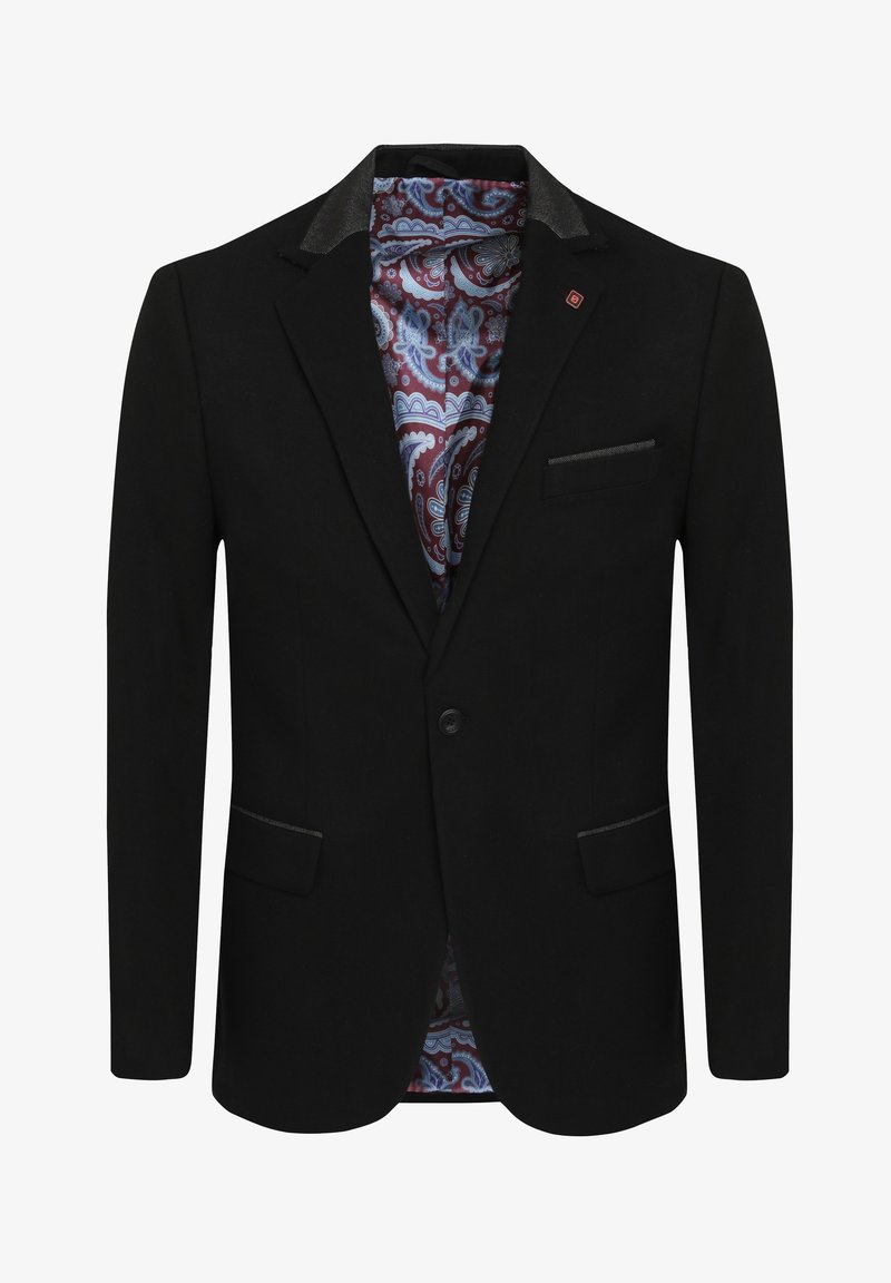 Blazer negro con solapa con muesca, dos bolsillos frontales y un forro de diseño paisley en rojo y azul. Sutiles acentos en los hombros.