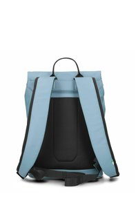 Backpack in light blue, featuring a structured design, padded black back panel, adjustable straps, and a top carry handle.
