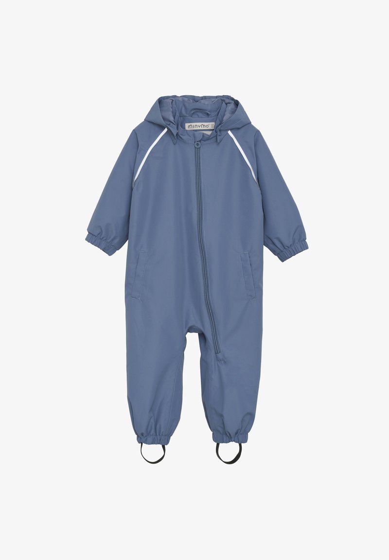 Blauwe waterdichte overall met een rits aan de voorkant, elastische cuffs en geïntegreerde voetbanden. Voorzien van zijzakken en een capuchon.