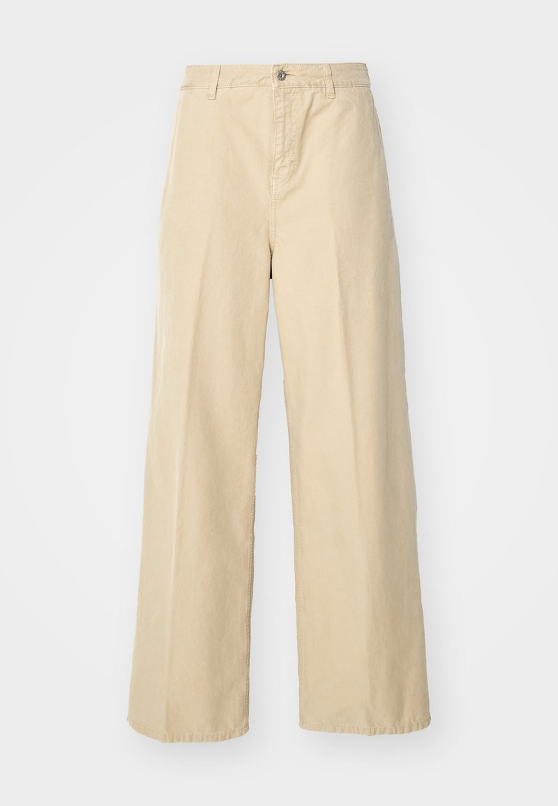 Pantaloni beige a gamba ampia realizzati in cotone, con chiusura frontale a bottone, passanti per la cintura e un tessuto testurizzato.