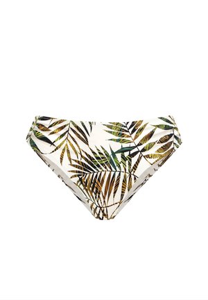 Dół od bikini w kolorze białym z wzorem tropikalnych liści palmowych w zielonym, brązowym i czarnym kolorze, prezentowany na prostym białym tle.