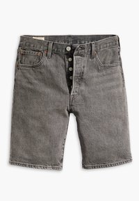 Shorts de mezclilla grises con cierre de botón, bolsillos frontales y de moneda, y presillas para cinturón, dispuestos en plano sobre fondo blanco.