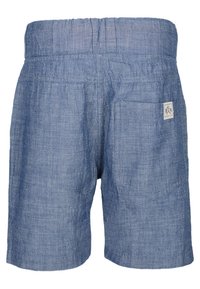 Lichtblauwe shorts van gewoven stof, met een brede elastische tailleband, een enkele achterzak en een klein merkembleem.