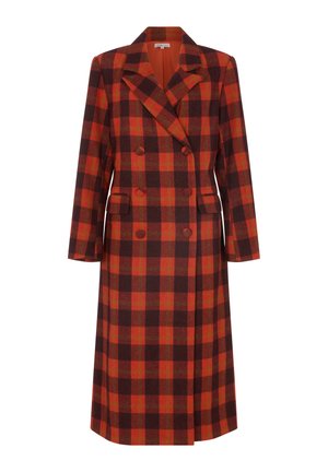 Double-breasted wool coat featuring a brown, red, and orange check pattern, with notched lapels and side pockets. Mid-calf length.