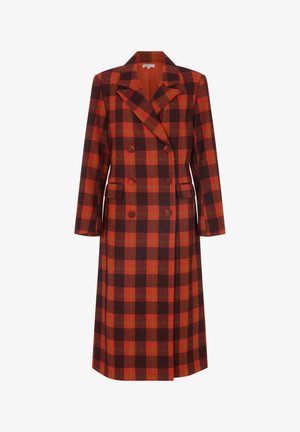 Double-breasted wool coat featuring a brown, red, and orange check pattern, with notched lapels and side pockets. Mid-calf length.