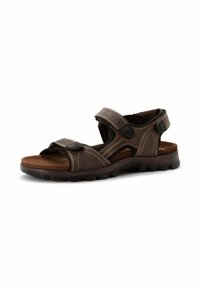 Braune Ledersandalen mit verstellbaren Klettverschlüssen, strukturiertem Fußbett und strapazierfähiger Gummisohle. Mit Perforationen für Atmungsaktivität.