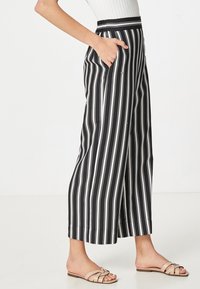 Žena v černobílých širokých kalhotách s vertikálními pruhy, s rukou v kapse a béžových nazouvacích sandálech na bílém pozadí.