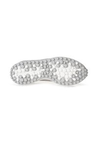 Suela de zapato con un diseño en blanco y gris, que presenta puntos redondeados y elevados para mejorar la tracción y una zona central lisa. Material de goma texturizada.