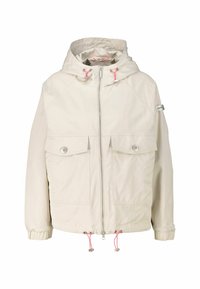 Light beige hooded jacket with two front pockets, adjustable pink drawstrings, and a zippered front. Soft fabric with a smooth texture.