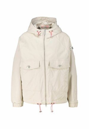 Light beige hooded jacket with two front pockets, adjustable pink drawstrings, and a zippered front. Soft fabric with a smooth texture.