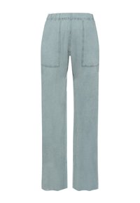 Pantalones de pierna ancha en azul claro con un tejido texturizado, cinturilla elástica y dos bolsillos delanteros. La costura es de un color contrastante.