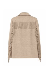 Beež villane kappa jakk, millel on krae, frantsiigiga detailid selja ja varruka ääres ning tekstureeritud, pehme viimistlus.