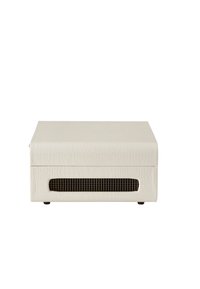 White crocodile-textured box with a flat top, subtle front ventilation grid, and small black feet, measuring approximately 24 inches wide.