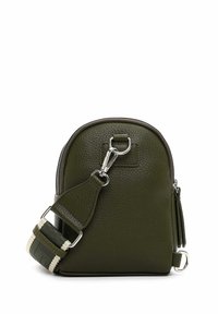 Mazs olīvu zaļas faktūras ādas plecu soma ar sudraba metāla detaļām un zaļi-baltu regulējamu auduma siksnu.