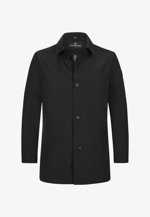 Schwarze Jacke mit Kragen, einer einzelnen Reihe aus fünf Knöpfen und zwei seitlichen Taschen. Hergestellt aus glattem, leichtem Material.