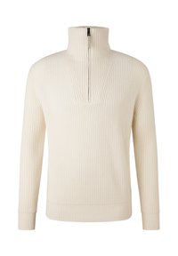 Elfenbeinfarbener, gerippter Pullover mit langen Ärmeln und hohem Kragen, der vorne mit einem halben Reißverschluss geschlossen wird.