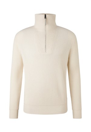 Cream-colored ribbed sweater with long sleeves and a high collar featuring a half-zipper closure at the front.