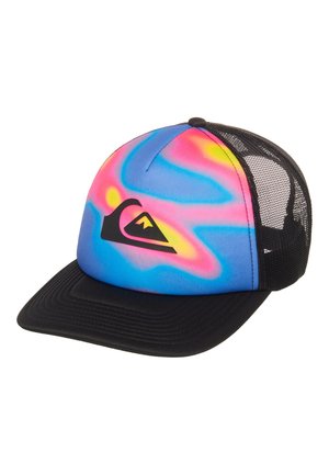 Casquette trucker avec panneau avant tie-dye coloré, dos en mesh noir, visière noire et logo noir au centre avant.