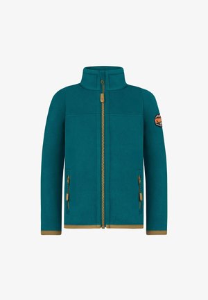 Türkise Fleecejacke mit hohem Kragen, goldenem Reißverschluss und Seitentaschen. Verfügt über ein Patch-Logo am rechten Arm. Braune Akzente am Saum.