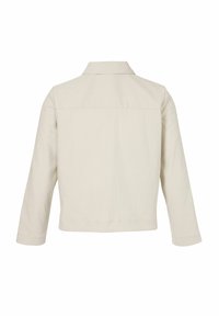 Crème-kleurig, lang mouwjack met kraag, van achteren weergegeven, met een rechte zoom en een schone, eenvoudige uitstraling.