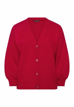 Czerwony dziergany kardigan z dekoltem w serek, cztery guziki z przodu, długie bufiaste rękawy oraz ściągacze na mankietach i dole.
