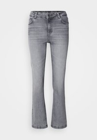 Paire de jeans gris taille haute avec un léger évasement en bas, avec poches avant et fermeture par bouton.
