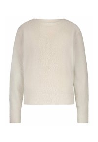 Crèmekleurige fuzzy gebreide trui met lange mouwen en een ronde hals, met ribgebreide boorden en zoom.