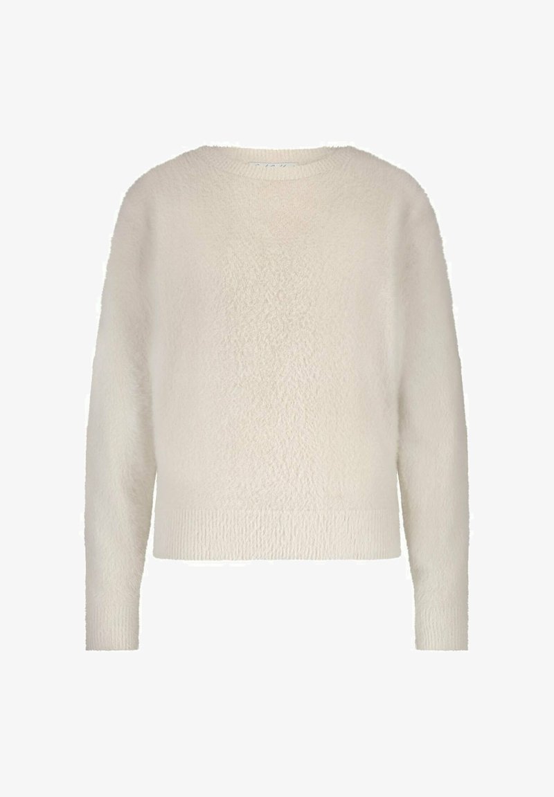 Cream-colored fuzzy knit sweater with long sleeves and crew neckline, featuring ribbed cuffs and hem.