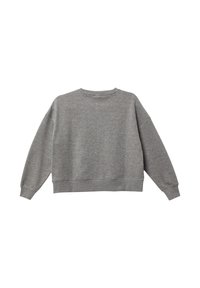 Felpa grigia, tessuto morbido, girocollo, maniche lunghe, spalle scese, polsini e orlo a coste, design minimalista, senza loghi visibili.