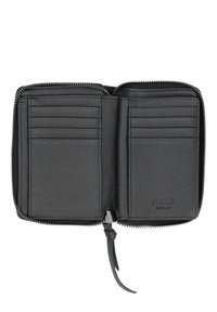 Black leather wallet with a textured surface, zip-around closure, multiple card slots, and a small pull tab. Inside is smooth with branding.
