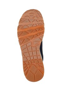 Semelle en caoutchouc avec un motif texturé comprenant un mélange de formes triangulaires et rectangulaires. Couleur : orange avec une finition lisse.