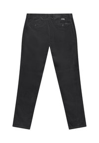 Schwarze Cordhosen mit einem geraden Bein-Design, ausgestattet mit zwei Gesäßtaschen mit blauen Knöpfen und dezentem Rippenmuster.