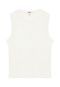 Ärmelloses weißes Top aus weichem Baumwollstoff. Rundhalsausschnitt, figurnah geschnitten und glatte Textur. Keine sichtbaren Muster oder Verzierungen.