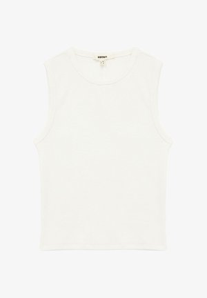 Ärmelloses weißes Top aus weichem Baumwollstoff. Rundhalsausschnitt, figurnah geschnitten und glatte Textur. Keine sichtbaren Muster oder Verzierungen.