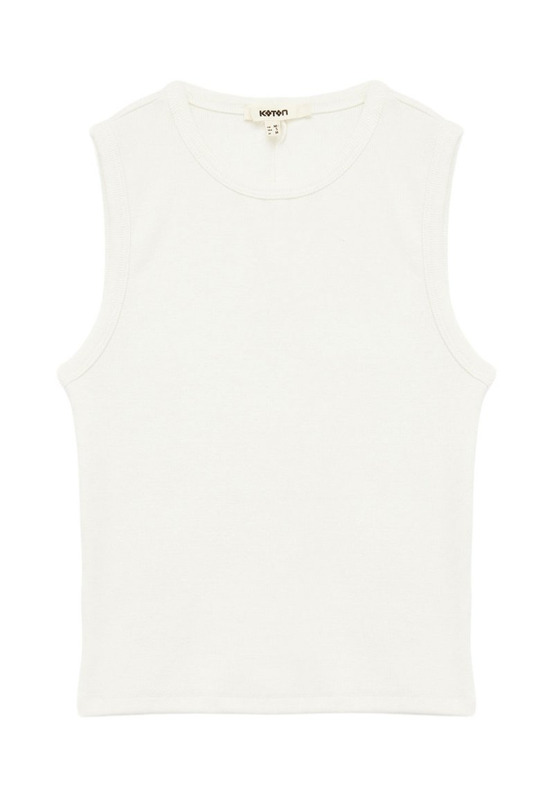 Ärmelloses weißes Top aus weichem Baumwollstoff. Rundhalsausschnitt, figurnah geschnitten und glatte Textur. Keine sichtbaren Muster oder Verzierungen.