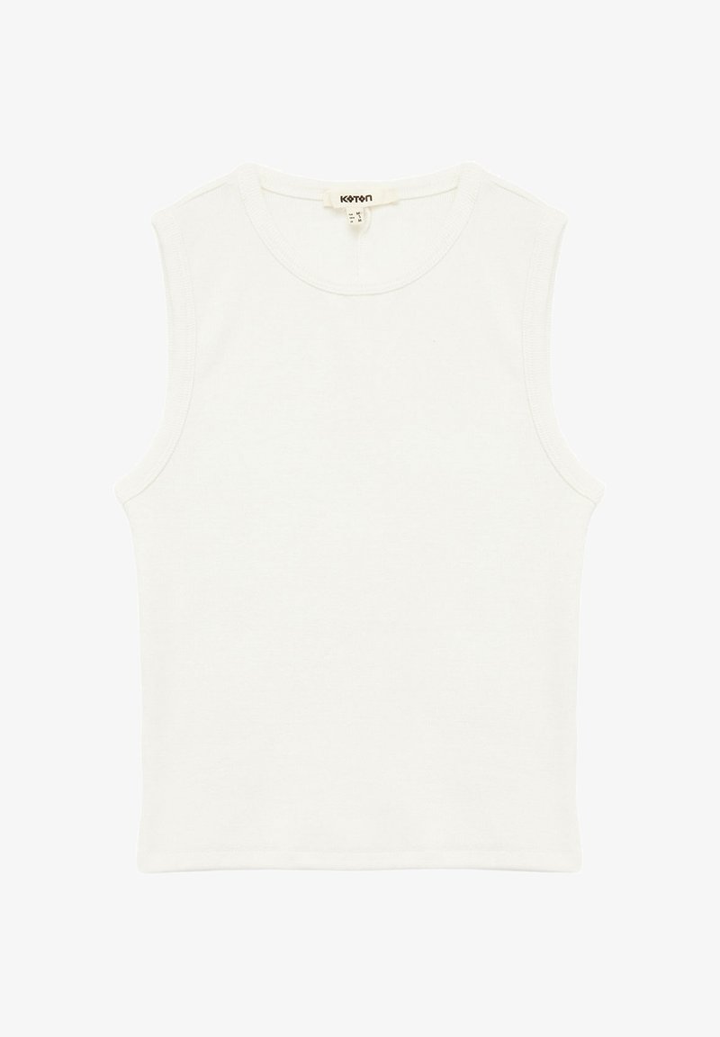 Ärmelloses weißes Top aus weichem Baumwollstoff. Rundhalsausschnitt, figurnah geschnitten und glatte Textur. Keine sichtbaren Muster oder Verzierungen.