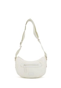 Borsa a spalla sintetica bianca con texture in rilievo, forma curvata, tasca frontale con zip e tracolla regolabile, caratterizzata da dettagli in metallo dorato.