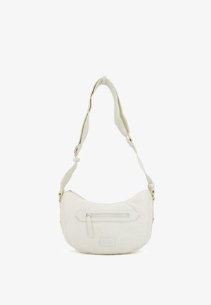 Borsa a spalla sintetica bianca con texture in rilievo, forma curvata, tasca frontale con zip e tracolla regolabile, caratterizzata da dettagli in metallo dorato.