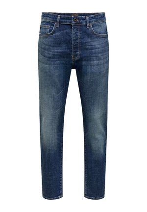 Denim-farkut keskisinisinä; viiden taskun malli, jossa vetoketjullinen leikkaus ja napillinen kiinnitys; kapeutuvat lahkeet hienovaraisella haalistumisella ja sileällä tekstuurilla.