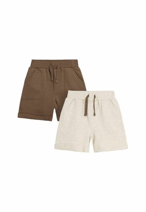 Zwei Paar Kleinkind-Shorts, eines braun und eines cremefarben, beide mit elastischem Bund und Kordelzug, flach auf weißem Hintergrund ausgelegt.