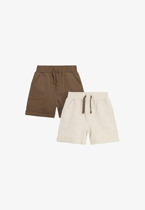 Zwei Paar Kleinkind-Shorts, eines braun und eines cremefarben, beide mit elastischem Bund und Kordelzug, flach auf weißem Hintergrund ausgelegt.