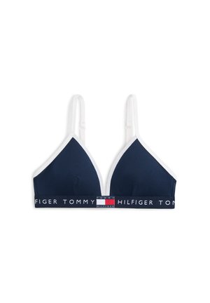 Soutien-gorge triangle bleu marine avec bordure blanche et bretelles réglables, arborant le logo Tommy Hilfiger et le drapeau sur la bande.