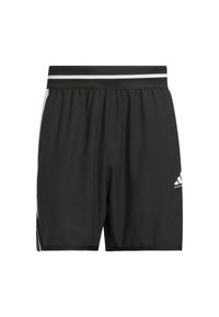 Black athletic shorts made of lightweight fabric, featuring a perforated black waistband, white stripes, and an embroidered logo on the side.