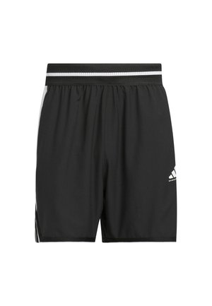 Schwarze Sportshorts aus leichtem Material, mit einem perforierten schwarzen Bund, weißen Streifen und einem gestickten Logo an der Seite.