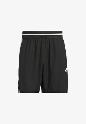 Pantalones cortos atléticos negros hechos de una tela ligera, con una cinturilla negra perforada, rayas blancas y un logotipo bordado en el costado.