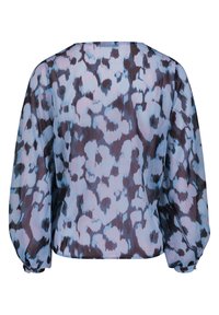 Blouse à manches longues avec manches amples et poignets boutonnés, présentant un motif floral abstrait bleu et noir.