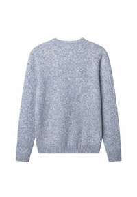 Hellblauer gestrickter Pullover mit einem strukturierten Muster, einem gerippten Kragen und Ärmelbündchen sowie einem lockeren Schnitt. Die Rückansicht zeigt eine nahtlose Verarbeitung.