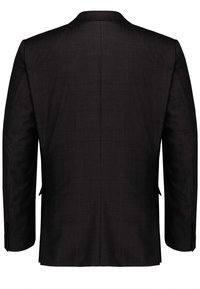 Schwarze maßgeschneiderte Sakkojacke mit glatter Textur, mit einem Schlitz und geknöpften Ärmeln. Minimalistisches Design, keine sichtbaren Muster oder Akzente.